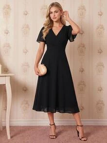 Amorya Surplice Neck Flounce Sleeve Dress - Black - View 1