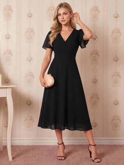 Amorya Surplice Neck Flounce Sleeve Dress
