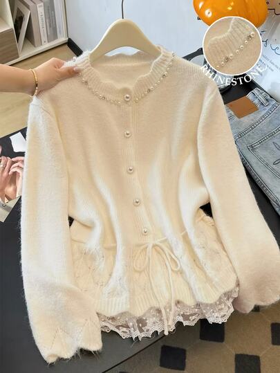 GlowEve CURVE Plus-Size Women's Crew Neck Knit Cardigan Autumn Pearl Beading Cinched Waist Hollow Lace Hem Elegant Formal Party Evening White Wedding