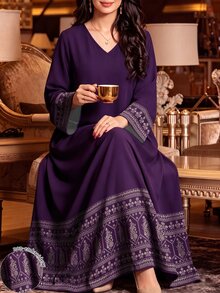 SHEIN Najma Floral & Geometric Symmetry Print V-Neck Long Sleeve Dress For Women, Elegant Arabic Style Dress, Spring/Summer - Multicolor - View 1