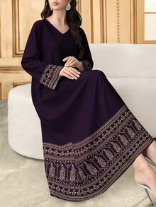 SHEIN Najma Floral & Geometric Symmetry Print V-Neck Long Sleeve Dress For Women, Elegant Arabic Style Dress, Spring/Summer - Multicolor - View 6