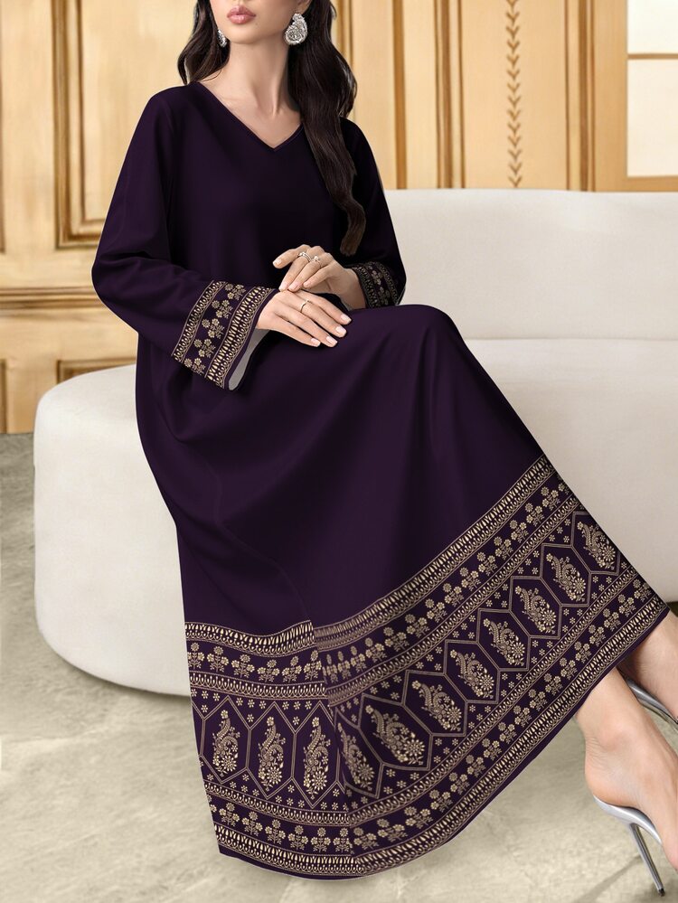 SHEIN Najma 女士花卉几何对称印花V领长袖连衣裙，优雅阿拉伯风格连衣裙，春夏款 - 彩色 - 查看 6