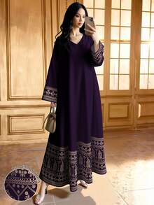 SHEIN Najma Floral & Geometric Symmetry Print V-Neck Long Sleeve Dress For Women, Elegant Arabic Style Dress, Spring/Summer - Multicolor - View 3