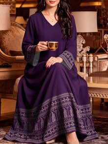 SHEIN Najma Floral & Geometric Symmetry Print V-Neck Long Sleeve Dress For Women, Elegant Arabic Style Dress, Spring/Summer - Multicolor - View 7