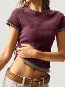 Bohemela Summer BOHO Colorblock Casual Knit Round Neck Short Sleeve Fitted Washed T-Shirt For Women,Summer Top - Burgundy - View 6