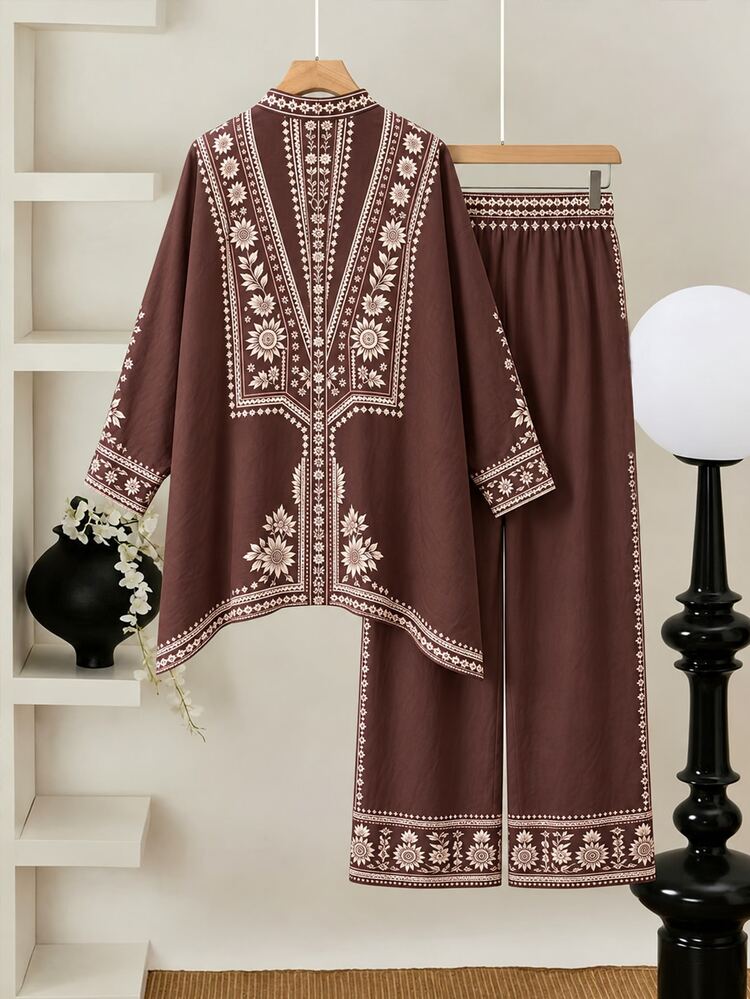 Linhara Women's Plus Size Coffee Brown Floral Print Shirt And Matching Wide Leg Pants 2 Pieces Set - Brown - View 2