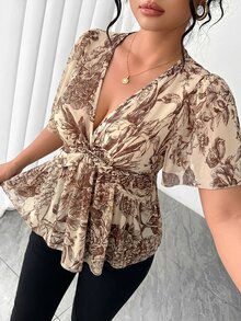 Elenzga Plus Size Polka Dot Floral Chiffon Blouse, Twisted Hem Design, Elegant Commuter Versatile. Spring/Summer Textured Fabric, Suitable For Party, Date, Holiday Outing. - Brown - View 1