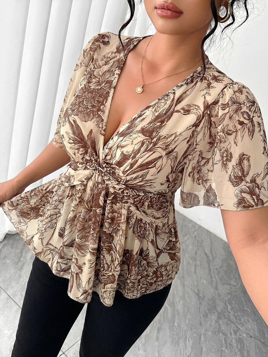 Elenzga Plus Size Polka Dot Floral Chiffon Blouse, Twisted Hem Design, Elegant Commuter Versatile. Spring/Summer Textured Fabric, Suitable For Party, Date, Holiday Outing. - Brown - View 1