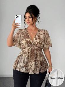 Elenzga Plus Size Polka Dot Floral Chiffon Blouse, Twisted Hem Design, Elegant Commuter Versatile. Spring/Summer Textured Fabric, Suitable For Party, Date, Holiday Outing. - Brown - View 3