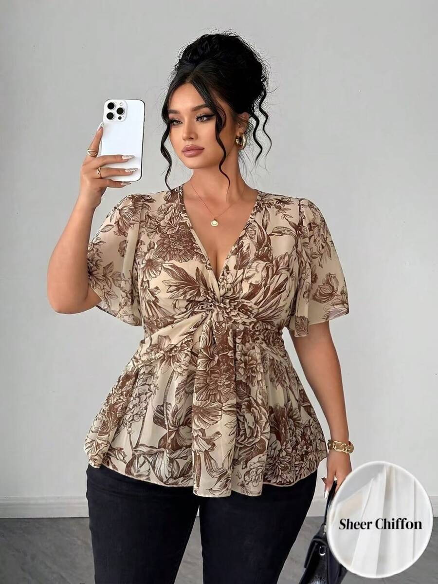 Elenzga Blusa de gasa con lunares y flores de talla grande, diseño de dobladillo retorcido, elegante y versátil para ir al trabajo. Tela texturizada de primavera/verano, adecuada para fiestas, citas y salidas de vacaciones. - Marrón - Ver 1