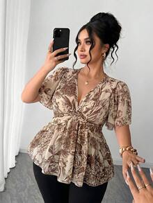 Elenzga Plus Size Polka Dot Floral Chiffon Blouse, Twisted Hem Design, Elegant Commuter Versatile. Spring/Summer Textured Fabric, Suitable For Party, Date, Holiday Outing. - Brown - View 5