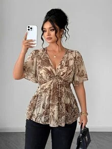 Elenzga Plus Size Polka Dot Floral Chiffon Blouse, Twisted Hem Design, Elegant Commuter Versatile. Spring/Summer Textured Fabric, Suitable For Party, Date, Holiday Outing. - Brown - View 4