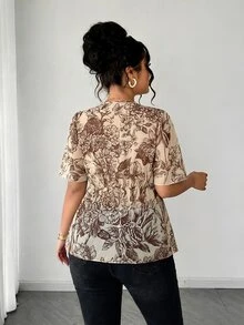 Elenzga Plus Size Polka Dot Floral Chiffon Blouse, Twisted Hem Design, Elegant Commuter Versatile. Spring/Summer Textured Fabric, Suitable For Party, Date, Holiday Outing. - Brown - View 2
