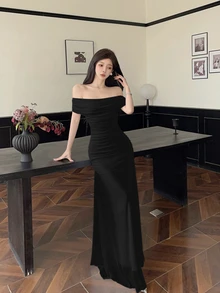 Modelyn 女士优雅露肩褶饰腰部连衣裙，适合婚礼、约会和各种场合 - 黑色 - 查看 7