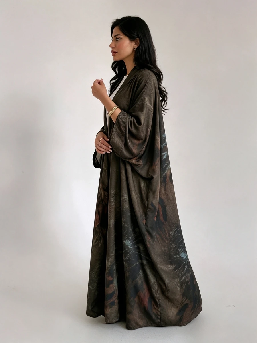 Al Najma Tie-Dye Long Sleeve Loose Elegant Arabic Abaya - Army Green - View 1