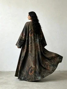 Al Najma Tie-Dye Long Sleeve Loose Elegant Arabic Abaya - Army Green - View 3