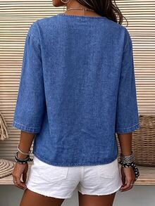 Breezaya Women's Three-Quarter Sleeve Round Neck Button Front Denim Top - Blue - View 2