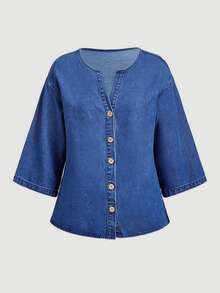 Breezaya Women's Three-Quarter Sleeve Round Neck Button Front Denim Top - Blue - View 4