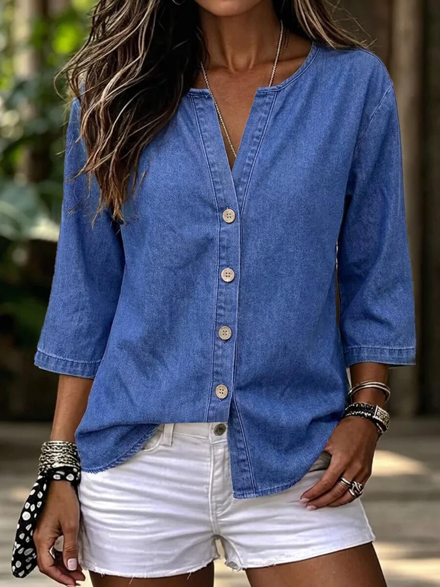 Breezaya Women's Three-Quarter Sleeve Round Neck Button Front Denim Top - Blue - View 1