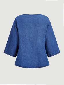 Breezaya Women's Three-Quarter Sleeve Round Neck Button Front Denim Top - Blue - View 5