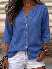 Breezaya Women's Three-Quarter Sleeve Round Neck Button Front Denim Top - Blue - View 3