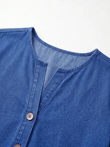 Breezaya Women's Three-Quarter Sleeve Round Neck Button Front Denim Top - Blue - View 7