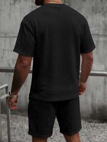 Manfinity Homme Men's Summer Casual Solid Color T-Shirt And Shorts Set - Black - View 2