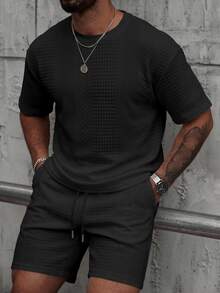 Manfinity Homme Men's Summer Casual Solid Color T-Shirt And Shorts Set - Black - View 5