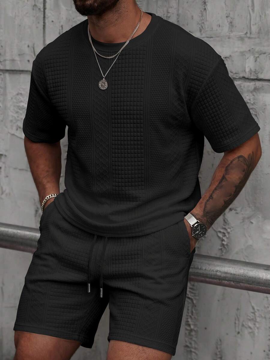 Manfinity Homme Men's Summer Casual Solid Color T-Shirt And Shorts Set - Black - View 1