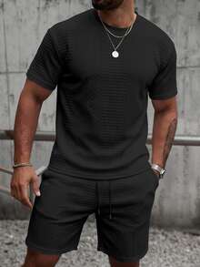 Manfinity Homme Men's Summer Casual Solid Color T-Shirt And Shorts Set - Black - View 4