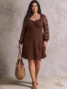 SHEIN CURVE+ US22 Size Plus Size Women's Heart Neck Long Sleeve Ruched Ribbed Casual Dress 5XL Autumn Dress Fall - Brown - View 7