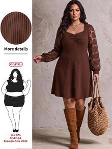 SHEIN CURVE+ US22 Size Plus Size Women's Heart Neck Long Sleeve Ruched Ribbed Casual Dress 5XL Autumn Dress Fall - Brown - View 1