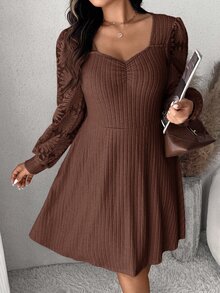 SHEIN CURVE+ US22 Size Plus Size Women's Heart Neck Long Sleeve Ruched Ribbed Casual Dress 5XL Autumn Dress Fall - Brown - View 4