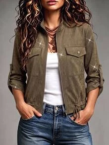 SHEIN LUNE Women's Solid Color Stand Collar Zipper Fashion Casual Versatile Daily Travel Long Sleeve Jacket Everyday Olive Green Autumn/Winter Everyday Travel - Coffee Brown - View 2