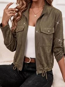 SHEIN LUNE Women's Solid Color Stand Collar Zipper Fashion Casual Versatile Daily Travel Long Sleeve Jacket Everyday Olive Green Autumn/Winter Everyday Travel - Coffee Brown - View 8