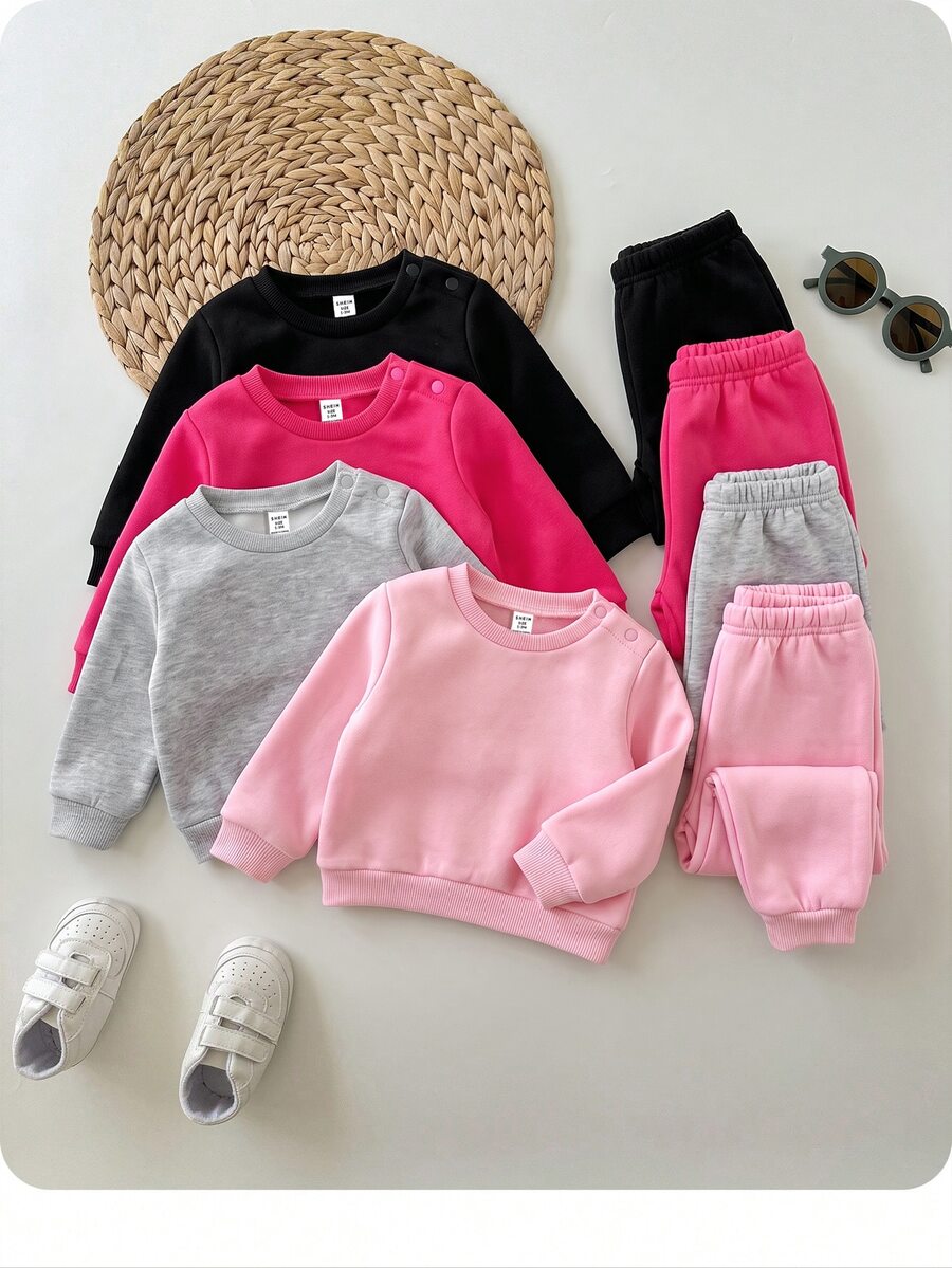 SHEIN 4件組新生兒可愛百搭純色長袖衛衣套裝，秋冬款 - 彩色 - 查看 1