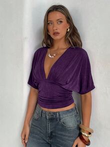 Aloruh Champagne Deep V Ruched Short Sleeve Tight Fitted Women T-Shirt Party Club Night Out Summer Sexy - Purple - View 5