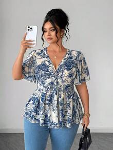 Elenzga Plus Size Polka Dot Floral Chiffon Blouse, Twisted Hem Design, Elegant Commuter Versatile. Spring/Summer Textured Fabric, Suitable For Party, Date, Holiday Outing. - Blue and White - View 5