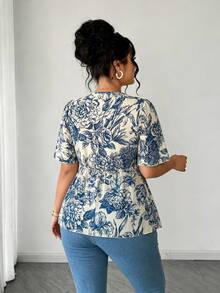 Elenzga Plus Size Polka Dot Floral Chiffon Blouse, Twisted Hem Design, Elegant Commuter Versatile. Spring/Summer Textured Fabric, Suitable For Party, Date, Holiday Outing. - Blue and White - View 2