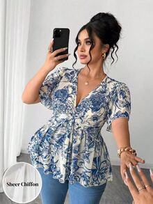 Elenzga Plus Size Polka Dot Floral Chiffon Blouse, Twisted Hem Design, Elegant Commuter Versatile. Spring/Summer Textured Fabric, Suitable For Party, Date, Holiday Outing. - Blue and White - View 1