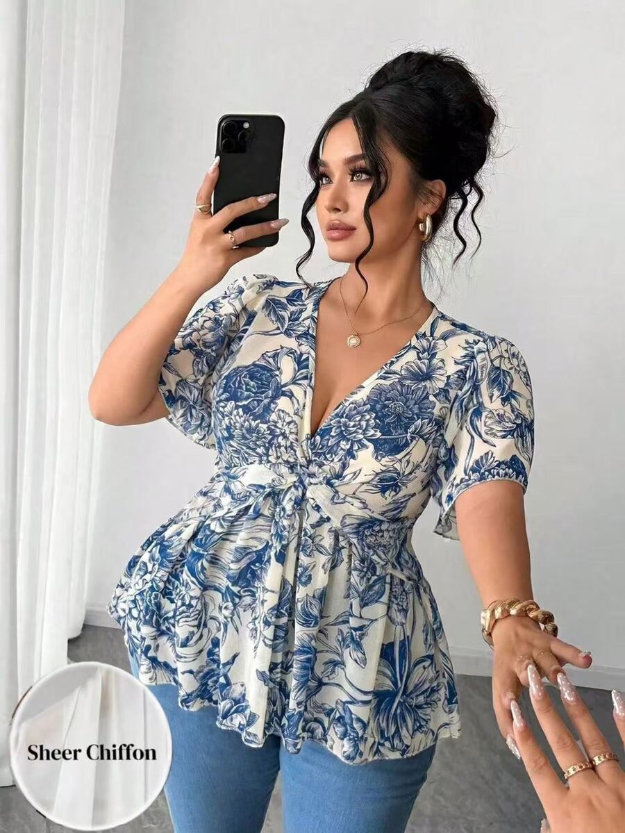 Elenzga Plus Size Polka Dot Floral Chiffon Blouse, Twisted Hem Design, Elegant Commuter Versatile. Spring/Summer Textured Fabric, Suitable For Party, Date, Holiday Outing. - Blue and White - View 1