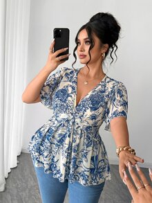 Elenzga Plus Size Polka Dot Floral Chiffon Blouse, Twisted Hem Design, Elegant Commuter Versatile. Spring/Summer Textured Fabric, Suitable For Party, Date, Holiday Outing. - Blue and White - View 4