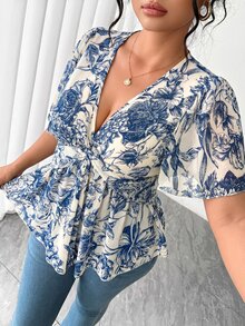 Elenzga Plus Size Polka Dot Floral Chiffon Blouse, Twisted Hem Design, Elegant Commuter Versatile. Spring/Summer Textured Fabric, Suitable For Party, Date, Holiday Outing. - Blue and White - View 3