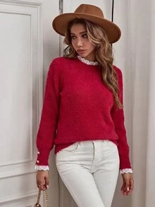 Selianne Women's Lace Patchwork Casual Romantic Elegant Versatile Daily Wear Long Sleeve Sweater Date Family Matching Everyday Red And White Striped Autumn - Red - View 8