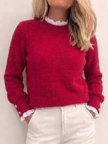 Selianne Women's Lace Patchwork Casual Romantic Elegant Versatile Daily Wear Long Sleeve Sweater Date Family Matching Everyday Red And White Striped Autumn - Red - View 3