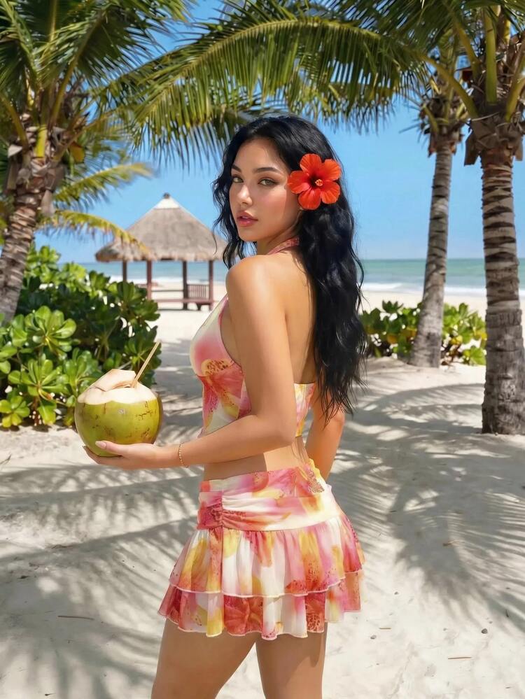 Sweetina Floral Print Halter Top & Low Waist Skirt Set - Pale Yellow - View 2