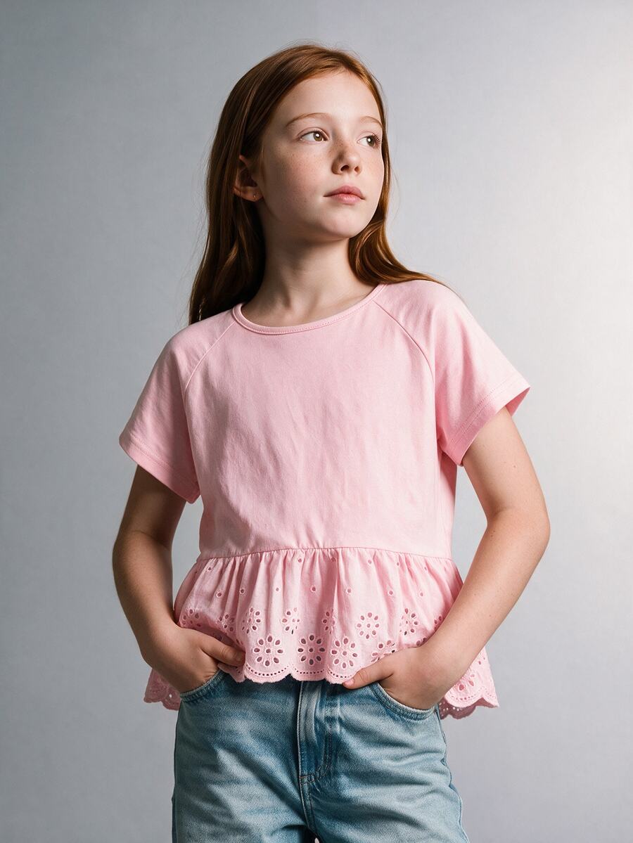 Tween Girls Pink Sleeve Embroidery Ruffle Hem T-Shirt, Suitable For Vacation, Outing, Casual Wear, Pink Lace Hem, Casual T-Shirt - Pink - View 1