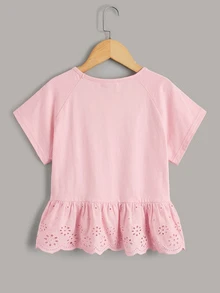 Tween Girls Pink Sleeve Embroidery Ruffle Hem T-Shirt, Suitable For Vacation, Outing, Casual Wear, Pink Lace Hem, Casual T-Shirt - Pink - View 4