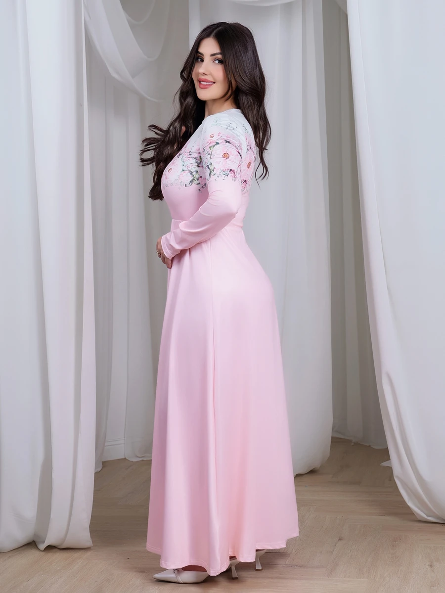 Nour Diyab Elegant Floral Gradient Print Crew Neck Long Sleeve A-Line Maxi Dress For Women, Spring - Multicolor - View 1