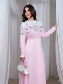 Nour Diyab Elegant Floral Gradient Print Crew Neck Long Sleeve A-Line Maxi Dress For Women, Spring - Multicolor - View 4
